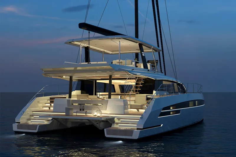  Yacht Photos Pics Luxurious 2025 Simbad 55 yacht at sunset, featuring elegant design and ambient lighting.