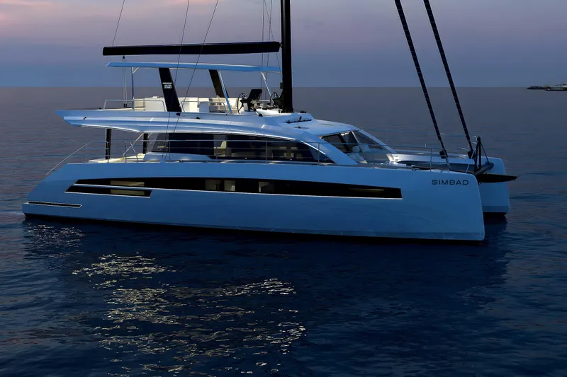  Yacht Photos Pics Luxury Simbad 55 yacht sailing at sunset, 2025 model, on calm ocean waters.