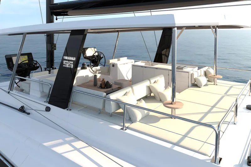  Yacht Photos Pics Luxurious Simbad 55 yacht deck, 2025 model, featuring elegant seating and ocean views.