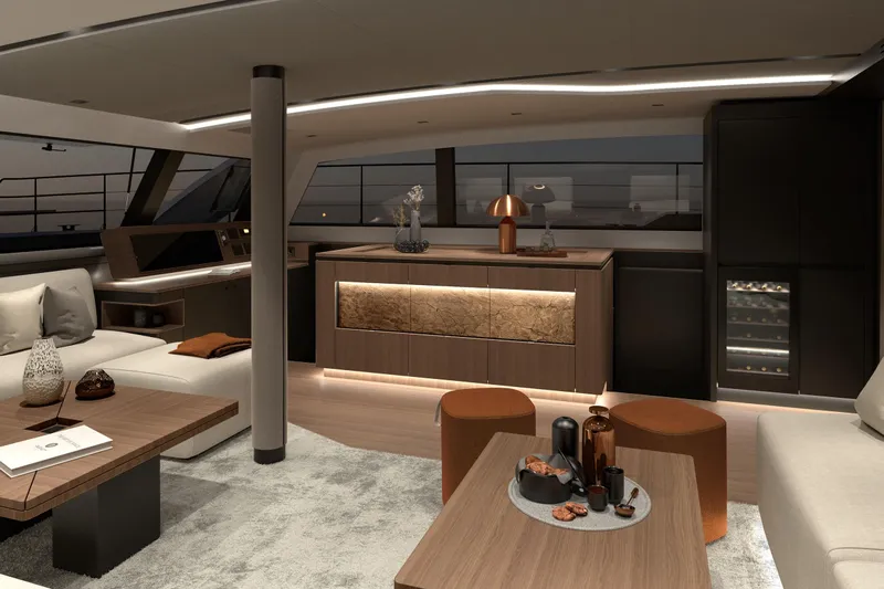  Yacht Photos Pics Luxurious interior of 2025 Simbad 55 yacht with modern furnishings and ambient lighting.