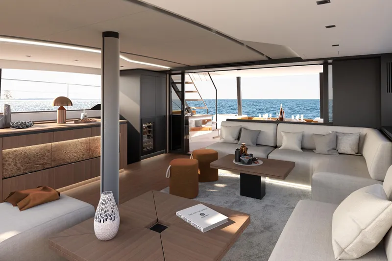  Yacht Photos Pics Luxurious interior of 2025 Simbad 55 yacht with modern furnishings and ocean view.