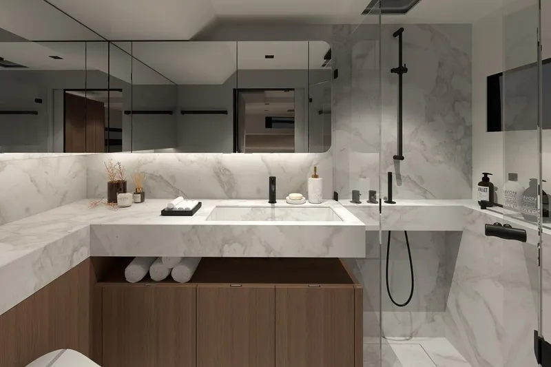  Yacht Photos Pics Luxurious modern bathroom with marble surfaces in Simbad 55 yacht, 2025 model.