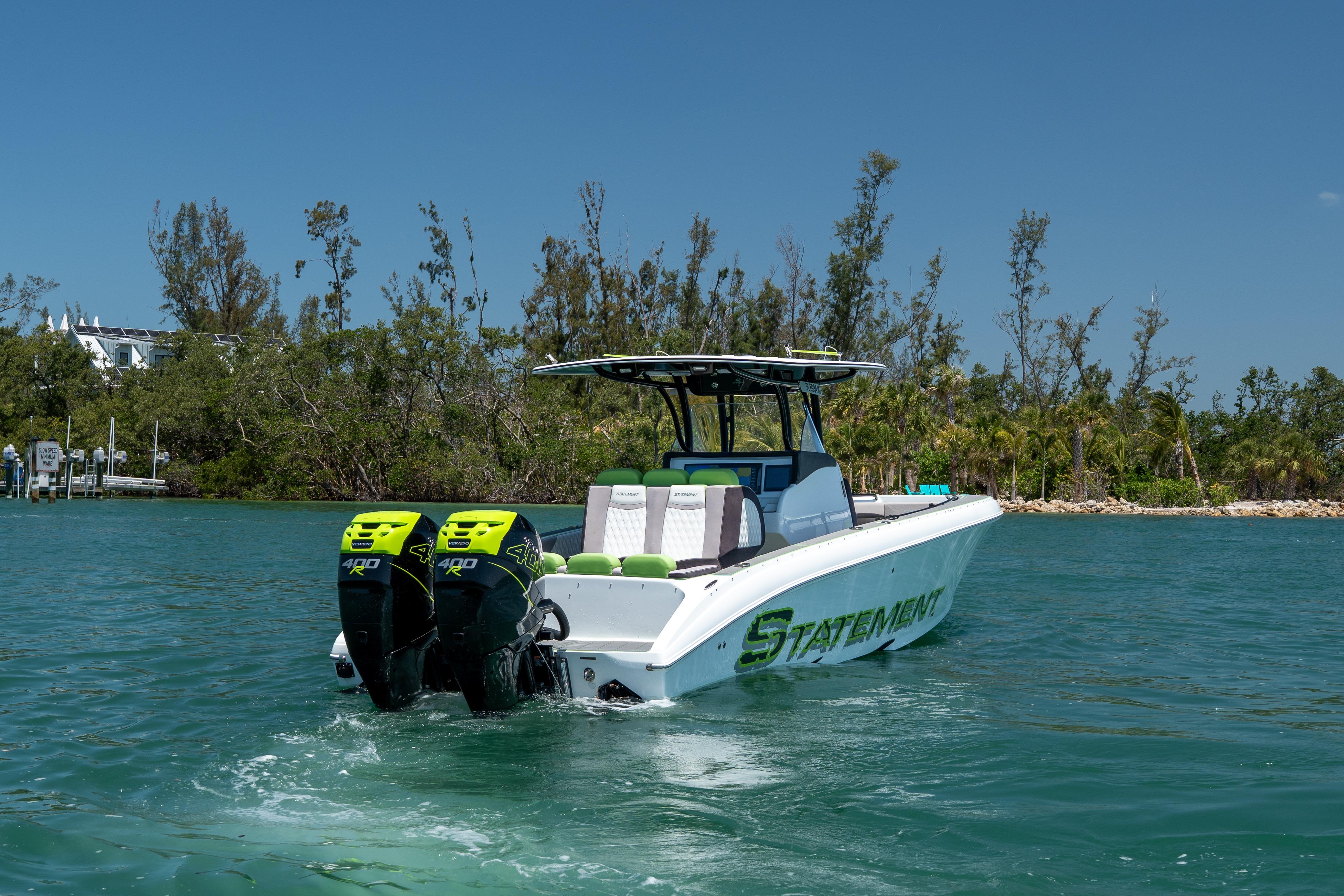 2017 Statement 350 Open boat with dual engines on a sunny day.