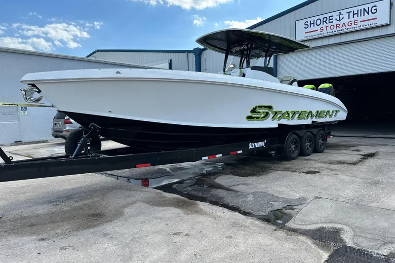  Yacht Photos Pics 2017 Statement 350 Open boat on trailer at Shore Thing Storage facility.