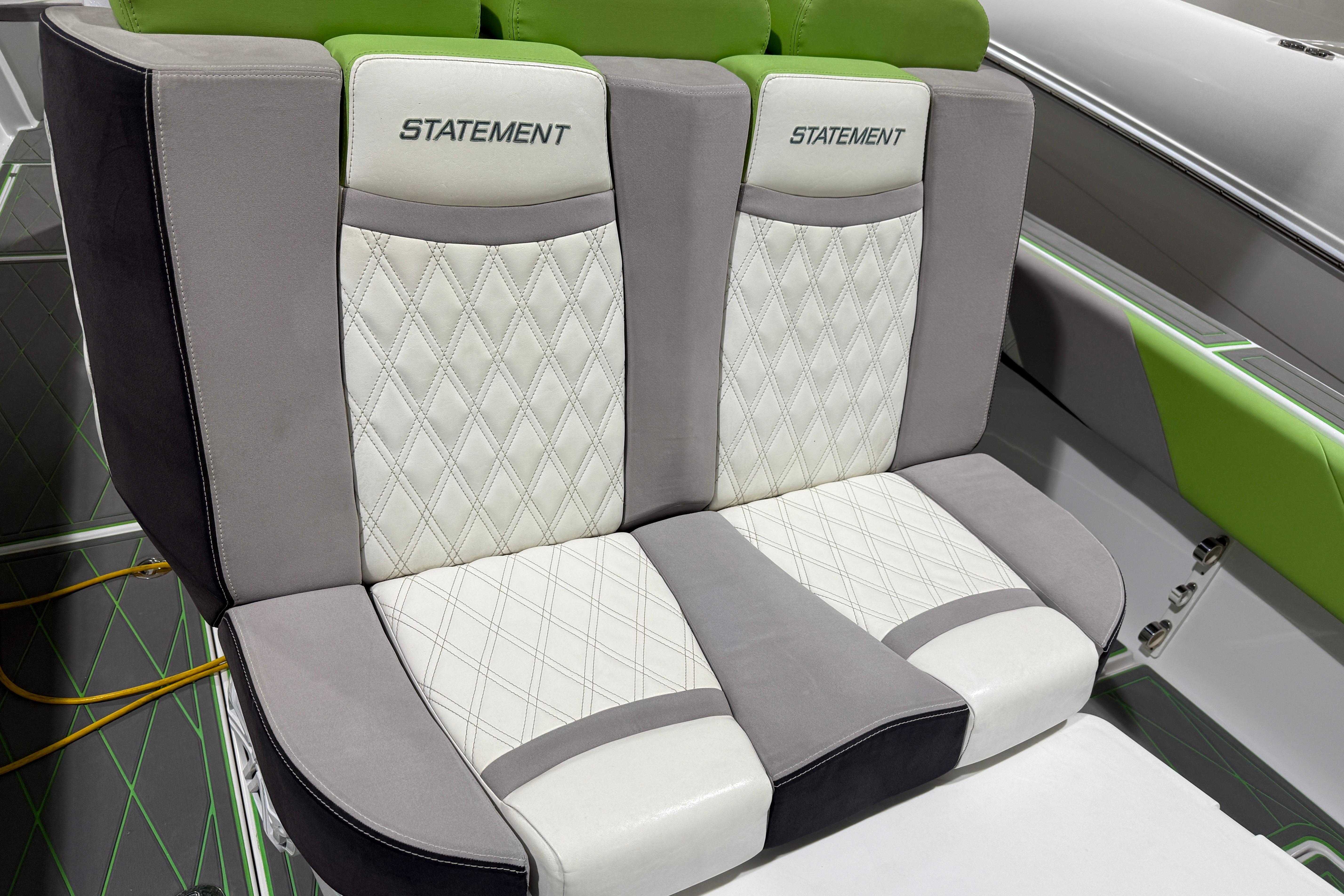 Luxury seating on 2017 Statement 350 Open boat with diamond-stitched upholstery.