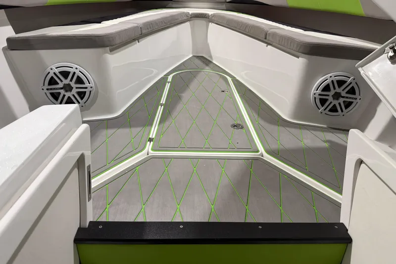  Yacht Photos Pics Interior of 2017 Statement 350 Open boat with cushioned seating and speakers.