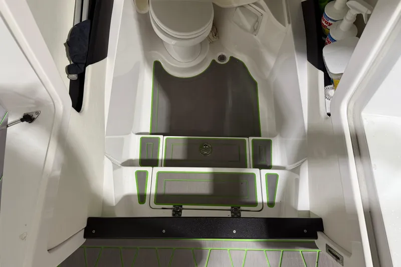  Yacht Photos Pics Interior of a 2017 Statement 350 Open boat, featuring a compact bathroom area.