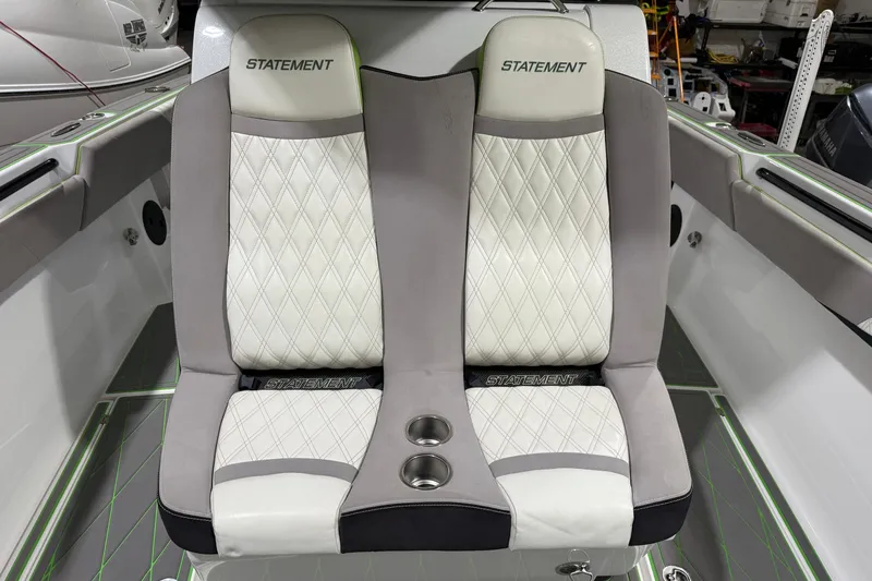  Yacht Photos Pics Luxury seating in 2017 Statement 350 Open boat with diamond-stitched upholstery.