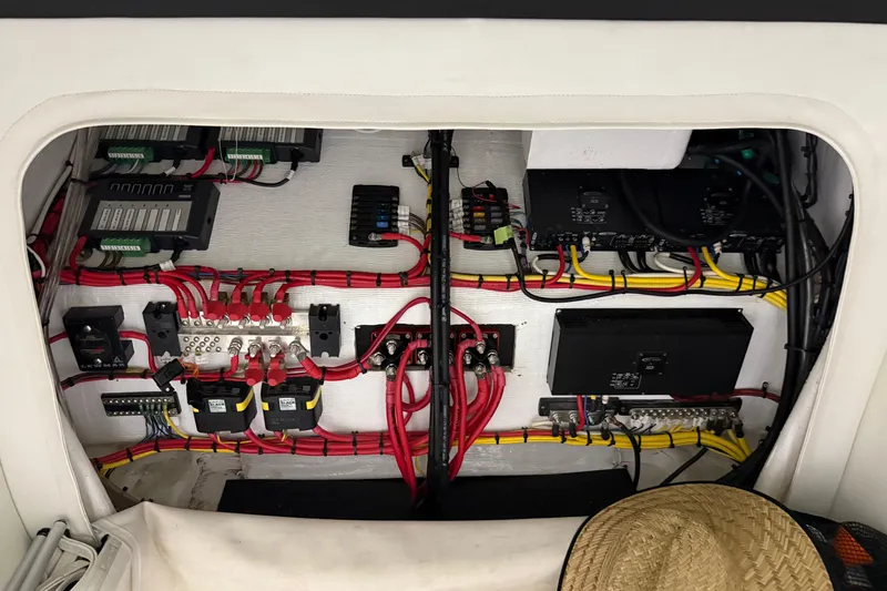  Yacht Photos Pics Electrical wiring and components inside a 2017 Statement 350 Open boat.