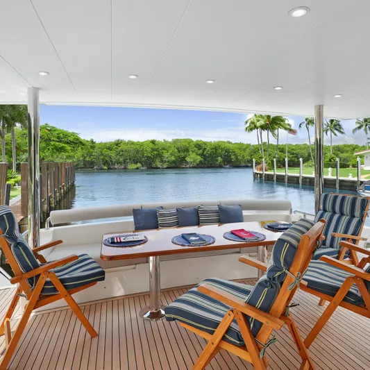 Sue Carolyn Yacht Photos Pics Luxurious 2003 Hargrave Sky Lounge yacht deck with elegant seating and scenic waterfront view.