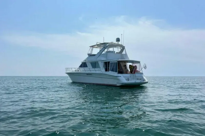  Yacht Photos Pics 1995 Sea Ray 550 Sedan Bridge yacht on open water under clear sky.