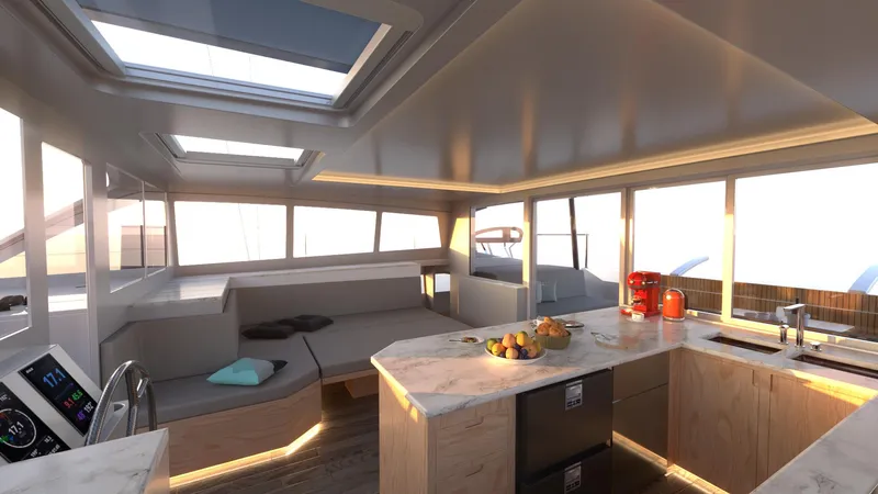  Yacht Photos Pics Modern interior of Ocean Renegade R6 2025 yacht with kitchen and seating area.