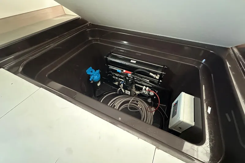 Maho Yacht Photos Pics Engine compartment of 2021 Fountaine Pajot Astrea 42 Catamaran, showcasing mechanical components.