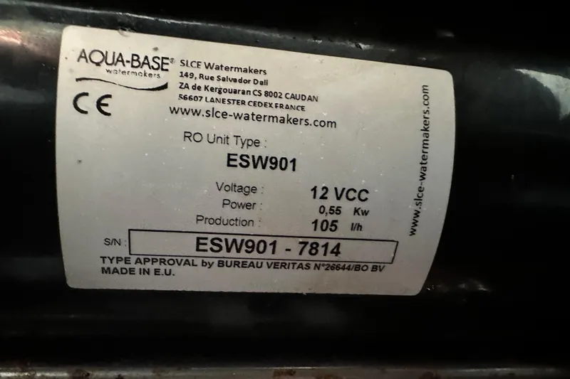 Maho Yacht Photos Pics Label on Aqua-Base ESW901 watermaker, 12 VCC, 0.55 kW, 105 l/h, for 2021 Astrea 42 Catamaran.
