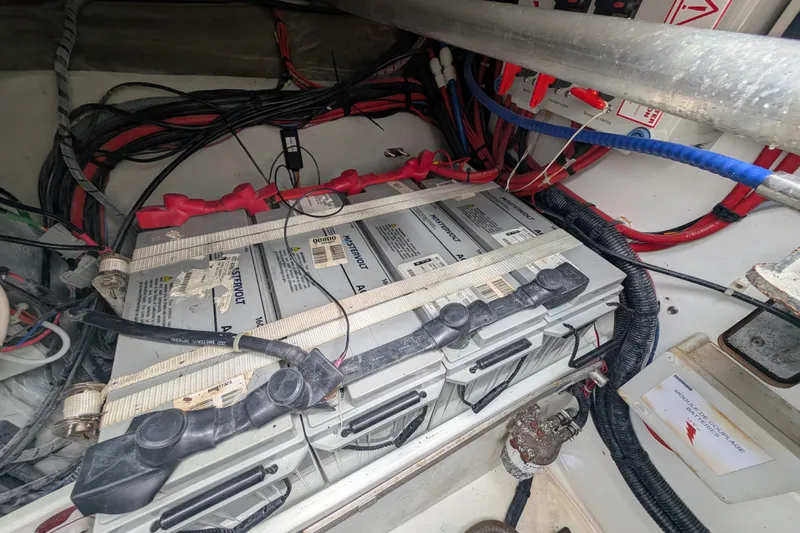 Maho Yacht Photos Pics Battery compartment of a 2021 Fountaine Pajot Astrea 42 Catamaran with wiring and connections.