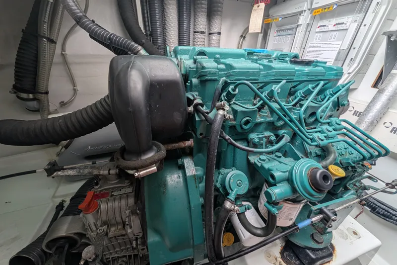 Maho Yacht Photos Pics Engine room of 2021 Fountaine Pajot Astrea 42 Catamaran, showcasing marine engine components.