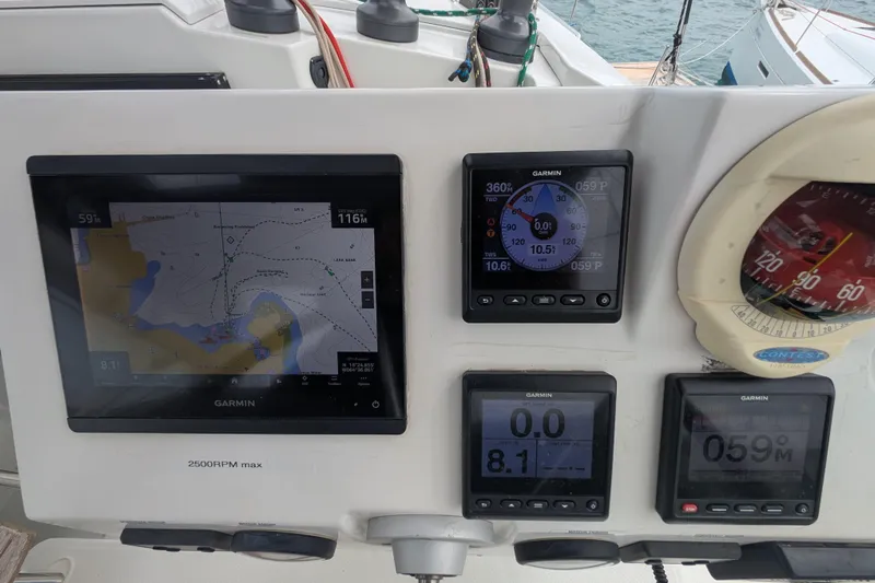 Maho Yacht Photos Pics Garmin navigation system on 2021 Fountaine Pajot Astrea 42 Catamaran dashboard.