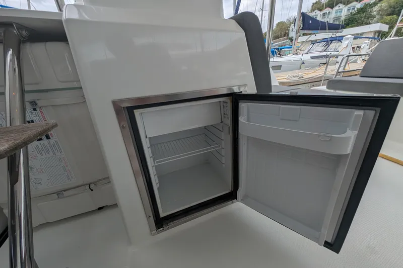 Maho Yacht Photos Pics Open mini fridge on 2021 Fountaine Pajot Astrea 42 Catamaran deck.