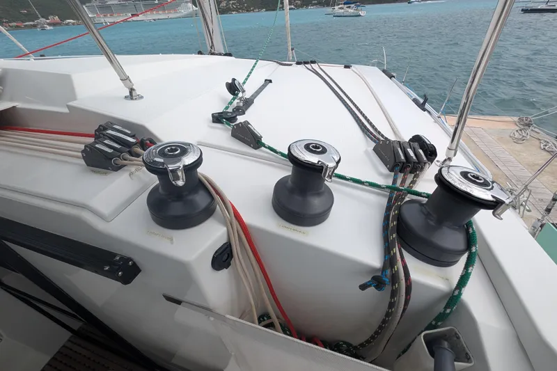 Maho Yacht Photos Pics Deck of 2021 Fountaine Pajot Astrea 42 Catamaran with winches and ropes.