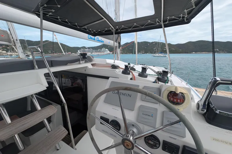 Maho Yacht Photos Pics Cockpit view of 2021 Fountaine Pajot Astrea 42 Catamaran with Garmin navigation system.