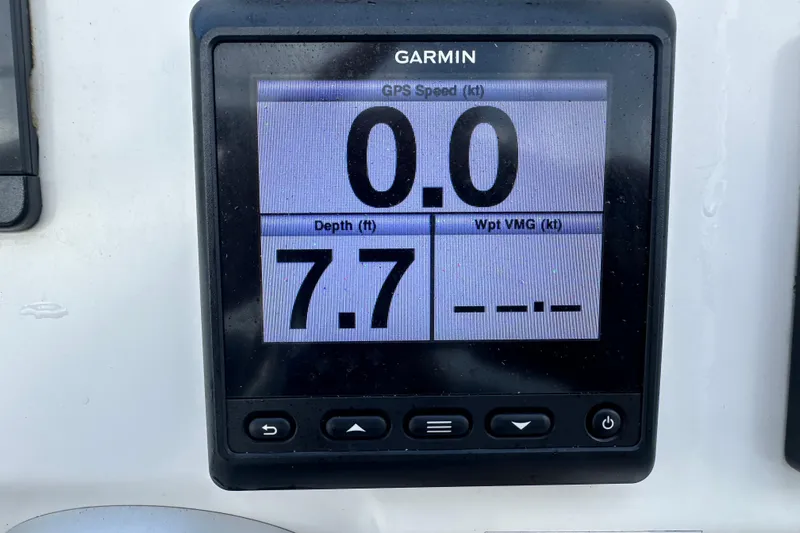 Maho Yacht Photos Pics Garmin display on 2021 Fountaine Pajot Astrea 42 Catamaran showing GPS speed and depth.