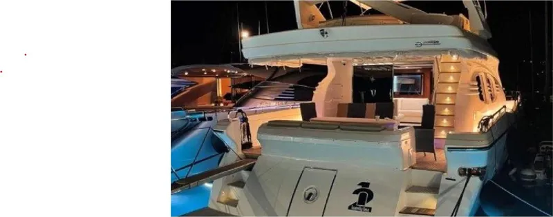  Yacht Photos Pics Luxurious 2005 Posillipo 65 yacht illuminated at night, docked in a marina.