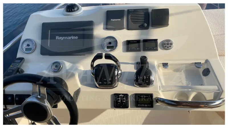  Yacht Photos Pics Control panel of a 2012 Prestige 500 yacht with Raymarine navigation system.