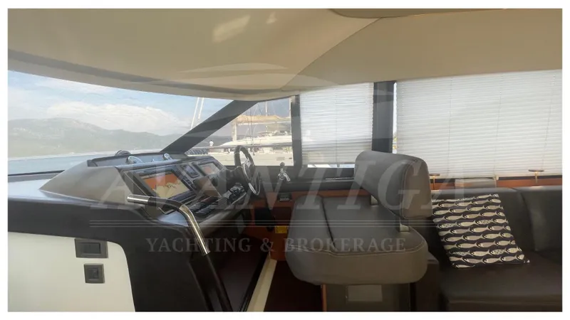  Yacht Photos Pics Interior of a 2012 Prestige 500 yacht with modern helm and seating area.