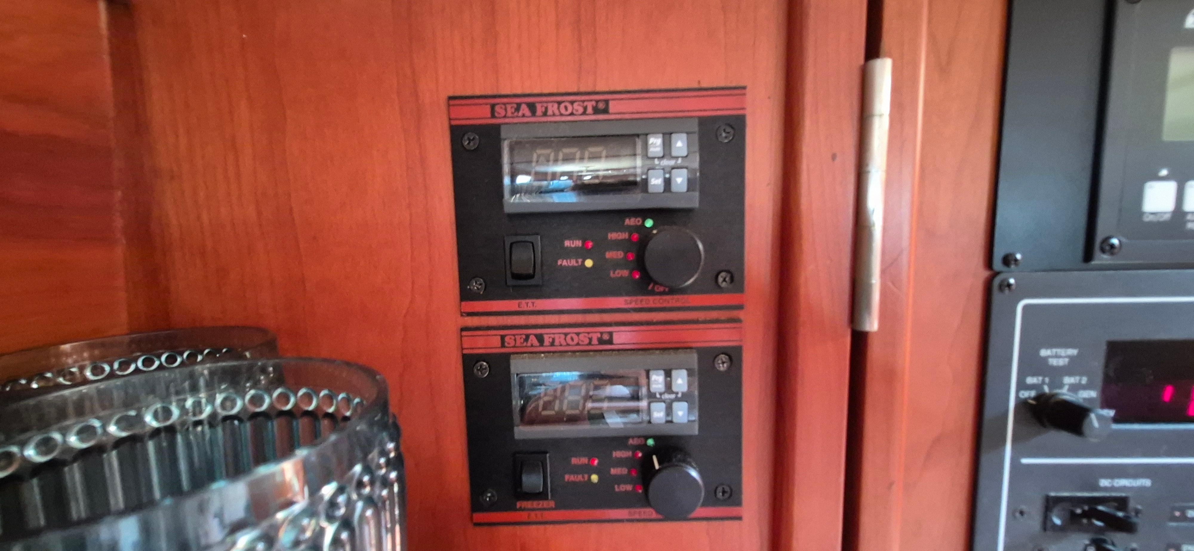 Control panel on 1997 Able 44 Downeast Express Cruiser with Sea Frost refrigeration system.