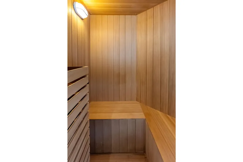 Serenity Now Yacht Photos Pics Wooden sauna interior on 2024 Ocean Alexander 35 Revolution yacht.