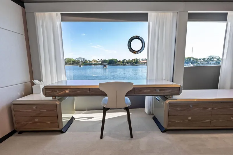 Serenity Now Yacht Photos Pics Luxurious interior of 2024 Ocean Alexander 35 Revolution yacht with scenic water view.