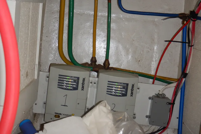 Alaska Sea Duction Yacht Photos Pics Electrical system with Xantrex chargers on 1988 Camargue 48 Cockpit Motor Yacht.