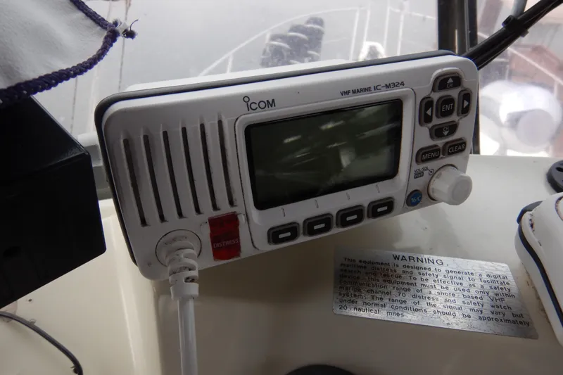 Alaska Sea Duction Yacht Photos Pics VHF marine radio on 1988 Camargue 48 Cockpit Motor Yacht dashboard.