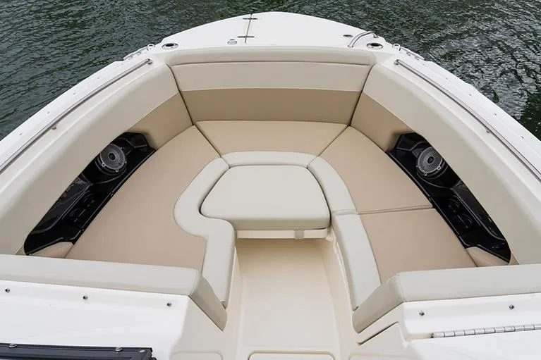 Blue Horizons II Yacht Photos Pics Manufacturer Provided Image: 2023 Boston Whaler 240 Vantage boat interior with beige seating.