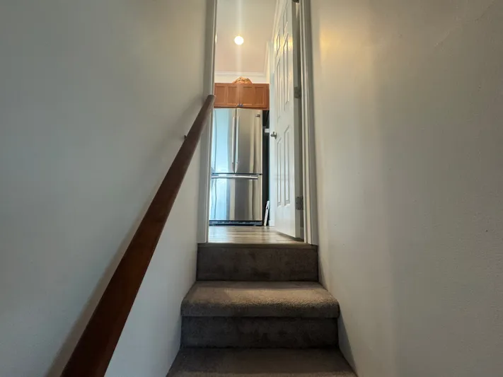  Yacht Photos Pics Staircase in Harbor Cottage Tiny Boat with stainless steel fridge.