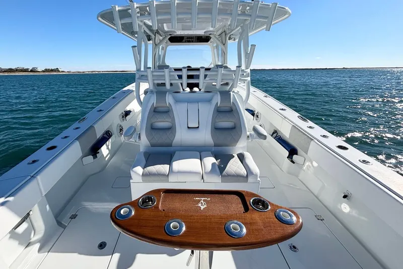  Yacht Photos Pics 2024 Freeman 38 boat interior with luxurious seating and ocean view.
