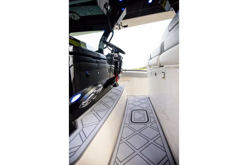 Your Next Boat! Yacht Photos Pics 2024 Scout 377 LXF boat interior with modern seating and sleek design.