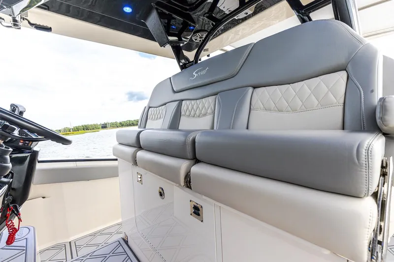 Your Next Boat! Yacht Photos Pics 2024 Scout 377 LXF Triple Wide Helm Seat with flip up bolsters and armrests