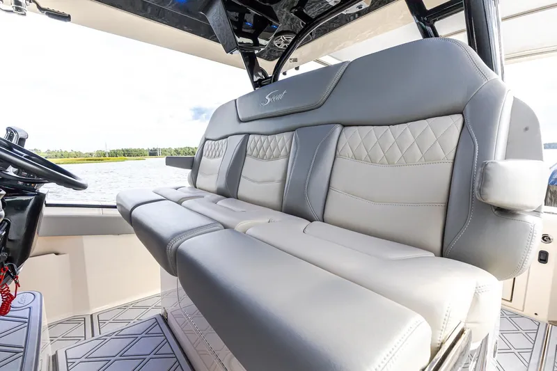 Your Next Boat! Yacht Photos Pics 2024 Scout 377 LXF Triple Wide Helm Seat with Bolsters down