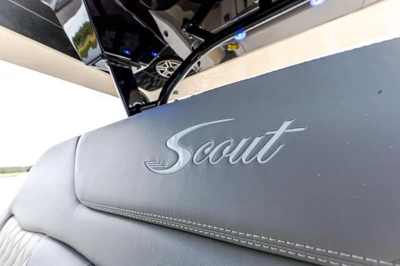 Your Next Boat! Yacht Photos Pics 2024 Scout 377 LXF boat interior with logo detail.