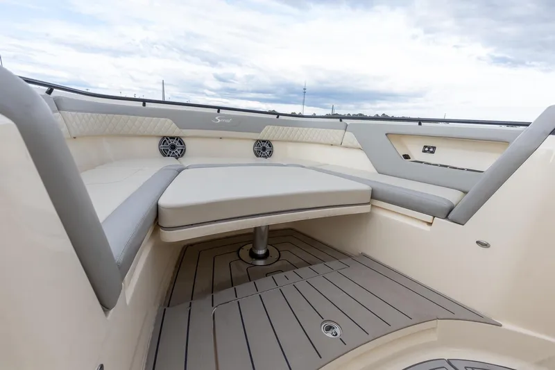 Your Next Boat! Yacht Photos Pics 2024 Scout 377 LXF Table Top raises from floor to form Sunpad or higher for table