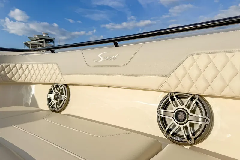 Your Next Boat! Yacht Photos Pics 2024 Scout 377 LXF boat interior with luxury seating and built-in speakers.
