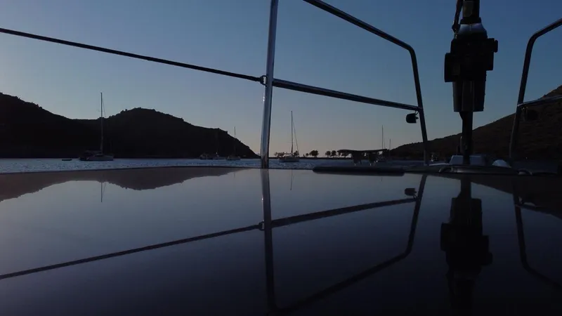Touché Yacht Photos Pics Sailboat deck view at sunset, Windseeker Raised Pilot Saloon, 2010 model.