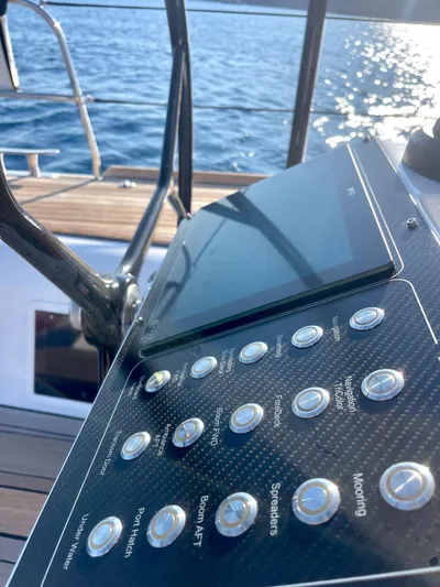 Touché Yacht Photos Pics Control panel on 2010 Windseeker Raised Pilot Saloon yacht, overlooking ocean.