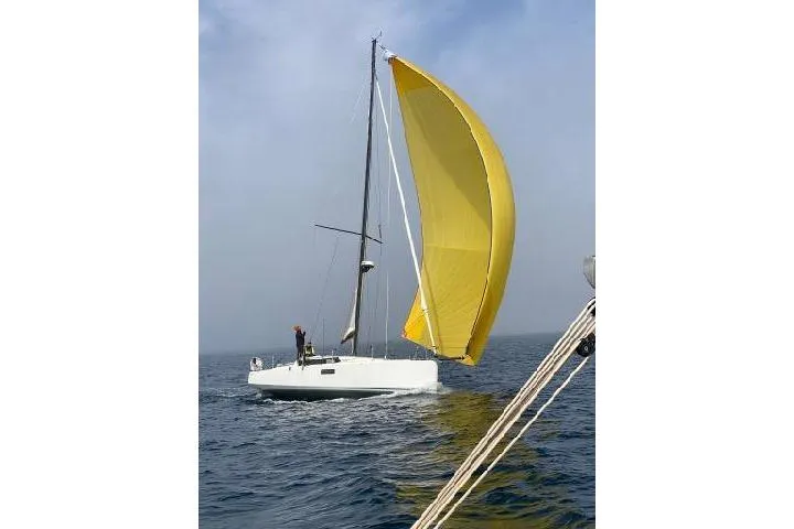 Expresso Yacht Photos Pics Sailing yacht Pogo 36 (2019) with yellow spinnaker on open sea.