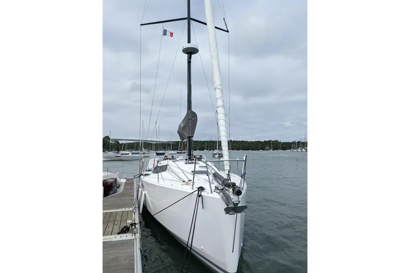 Expresso Yacht Photos Pics Sailboat Pogo 36, 2019 model, docked at marina with overcast sky.