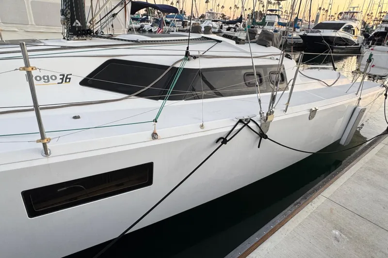 Expresso Yacht Photos Pics 2019 Pogo 36 sailboat docked at marina, showcasing sleek design and modern features.