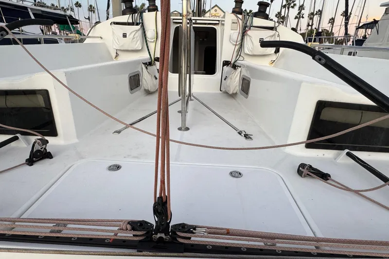 Expresso Yacht Photos Pics Cockpit of 2019 Pogo 36 sailboat with rigging and winches, docked at marina.