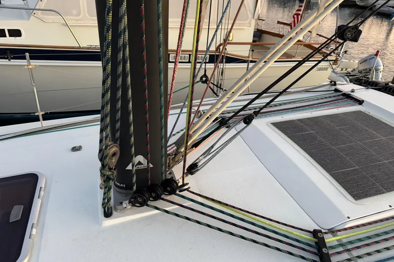 Expresso Yacht Photos Pics Sailboat deck with colorful rigging lines, Pogo 36 model, 2019.