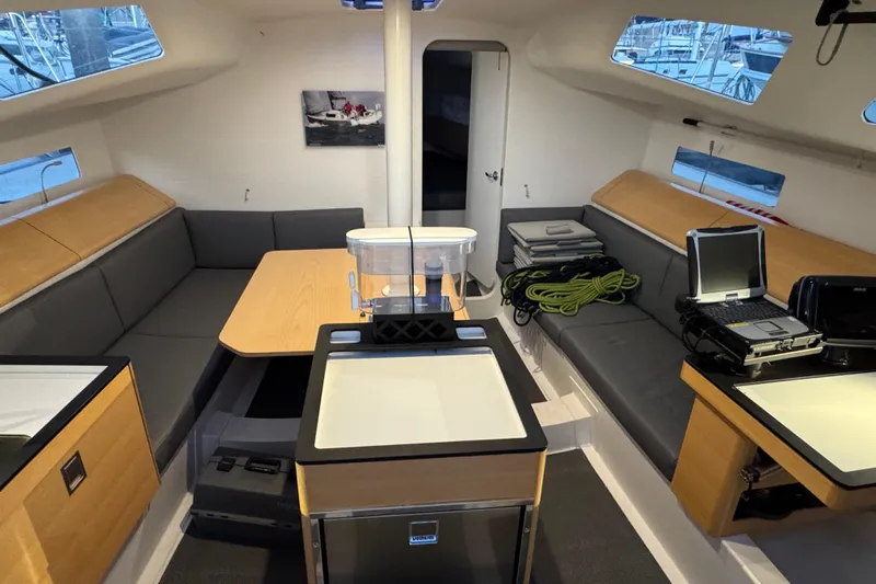Expresso Yacht Photos Pics Interior of 2019 Pogo 36 sailboat with modern seating and navigation equipment.